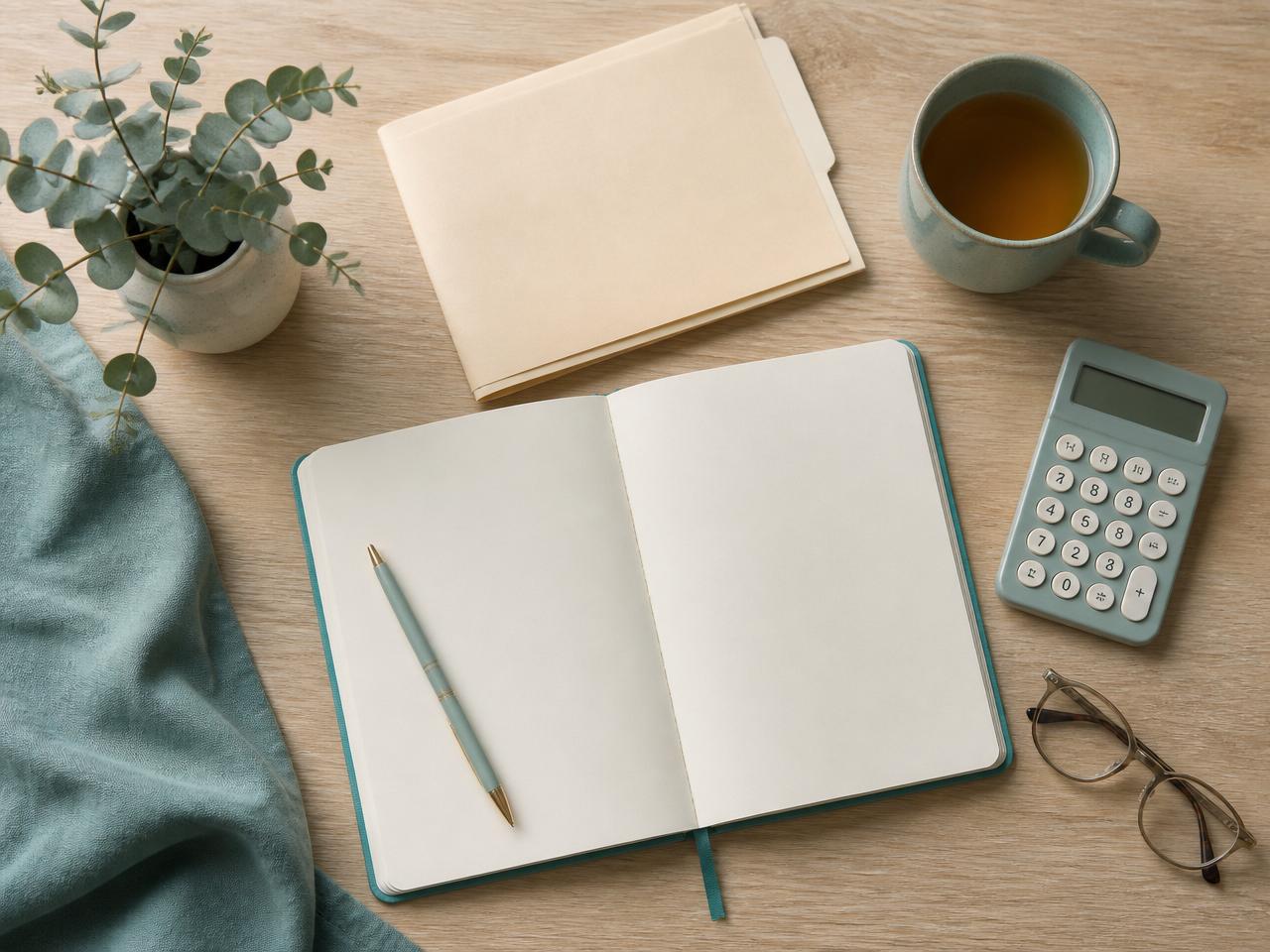 Overhead flat lay of an open notebook, a folded manila folder, a calculator, a teal ceramic mug and a sprig of eucalyptus on a light oak desk