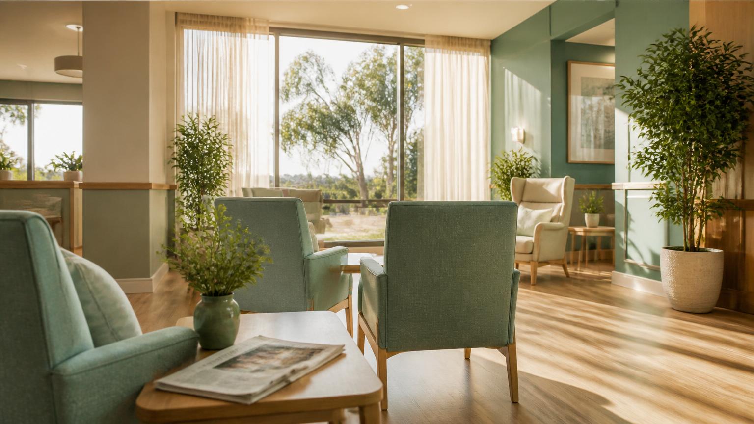 Sunlit Australian aged care home common room in soft teal and cream tones, empty armchairs facing a window with sheer curtains and eucalyptus trees outside