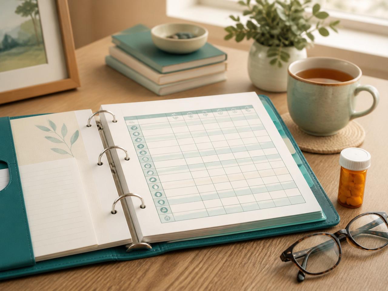 Open medication administration record binder on a wooden table with an amber prescription bottle, reading glasses and a mug of tea