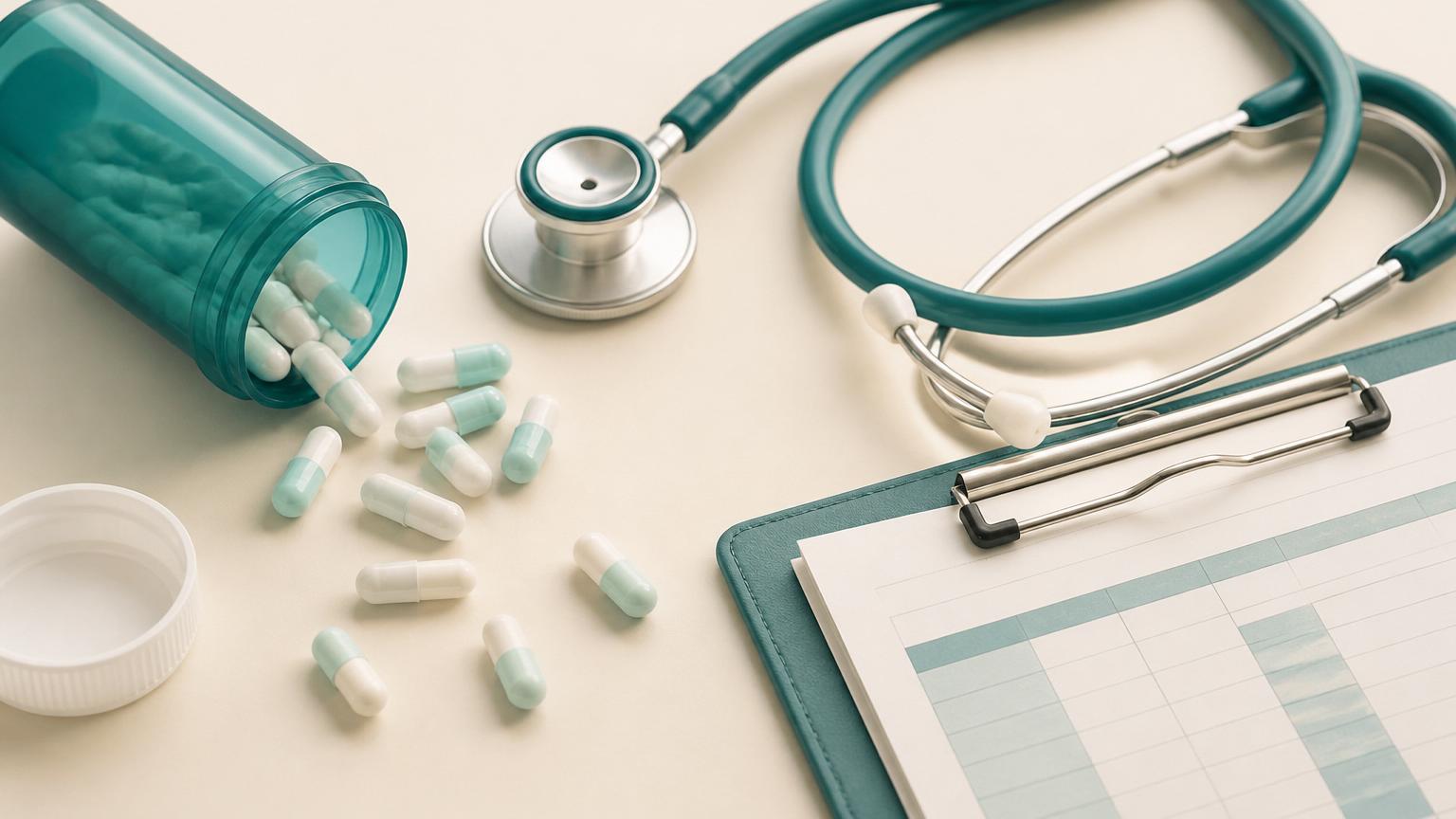 Overturned teal pill bottle spilling white and pale teal capsules next to a stethoscope and a medication chart clipboard on a cream desk