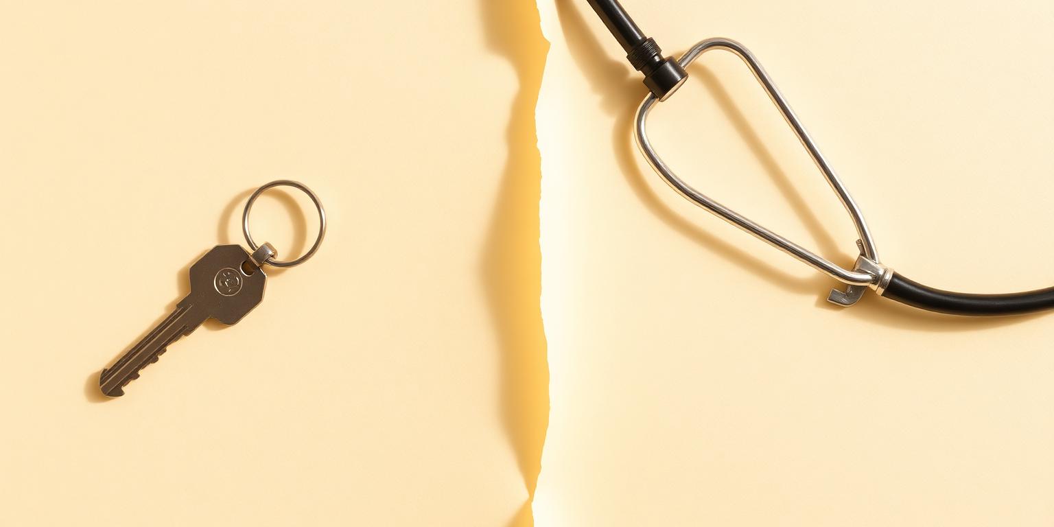 House key on one side and a stethoscope on the other on cream paper, contrasting assisted living independence with nursing home clinical care