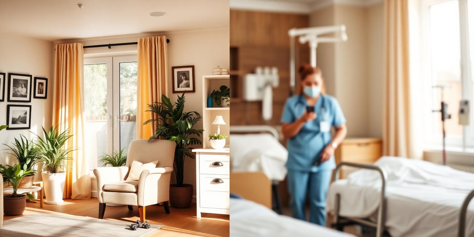 A bright assisted living apartment with armchair and plants on the left, and a skilled nursing home room with hospital bed and a nurse in scrubs on the right
