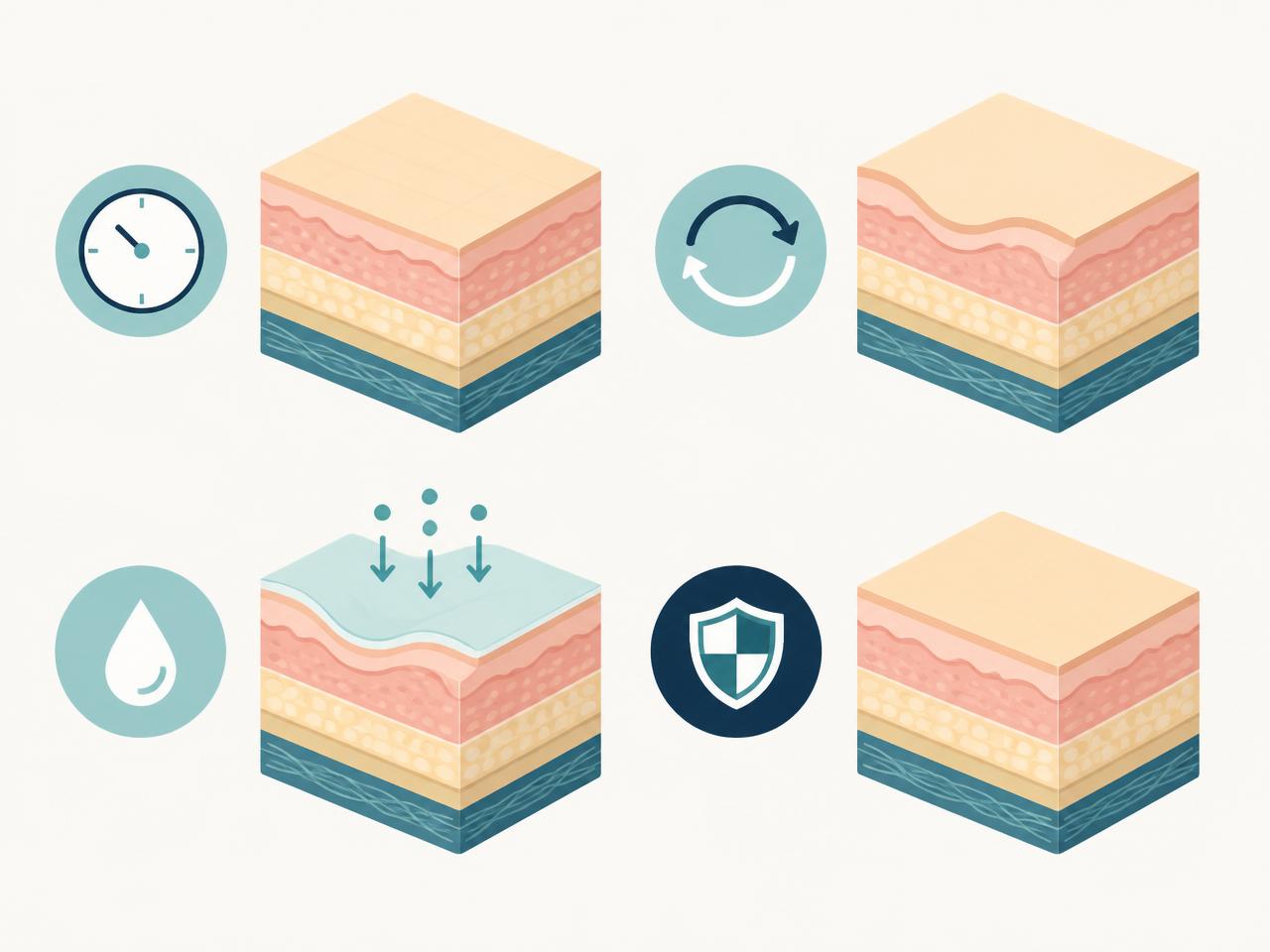 Flat illustration of skin layers at four pressure ulcer stages with clock, repositioning, hydration and protection icons