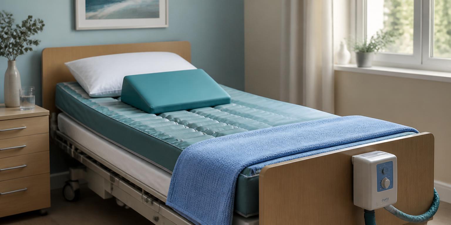 Care facility bed fitted with a pressure-relieving alternating air mattress and a teal repositioning wedge in soft natural light