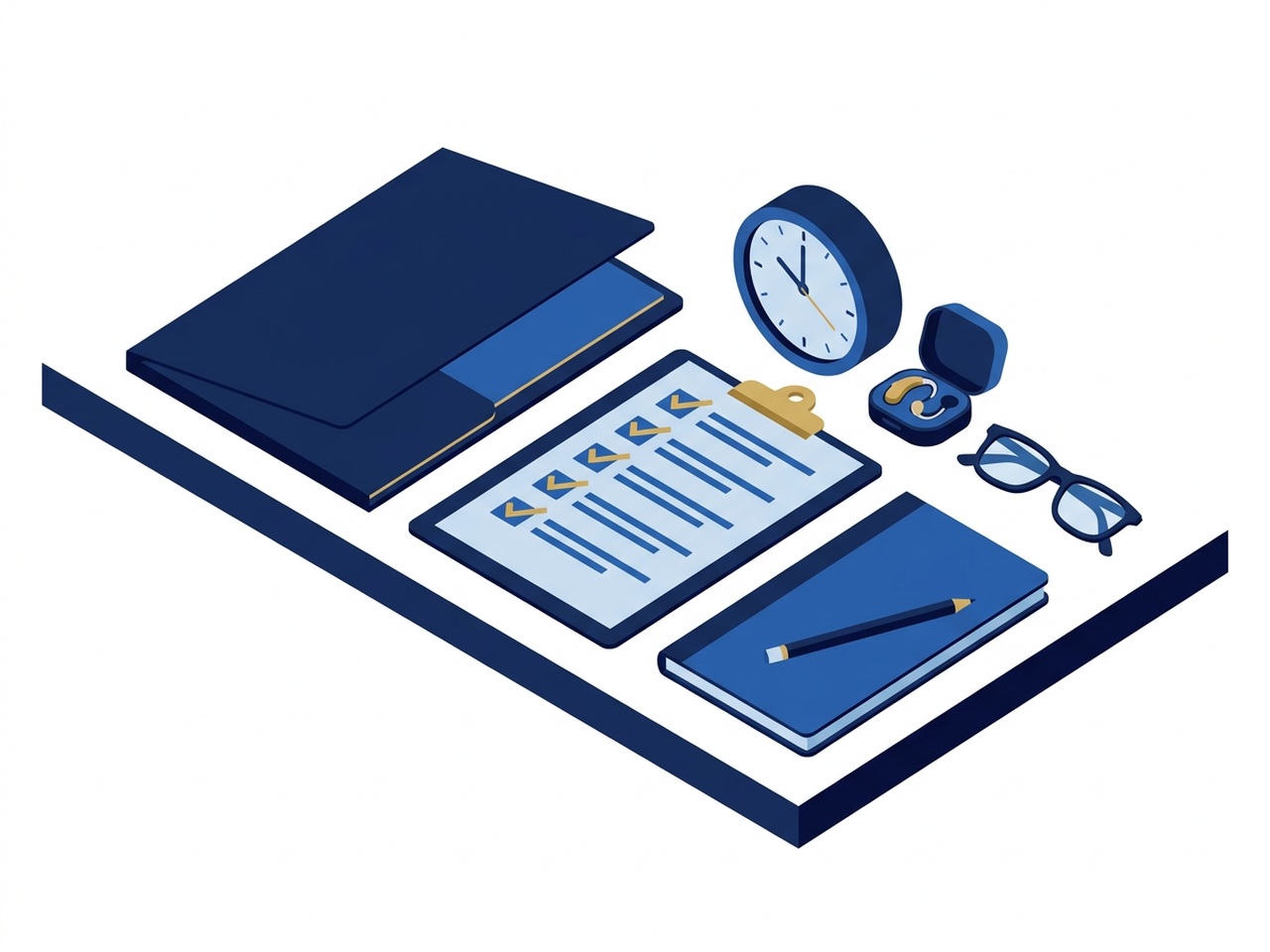 Meeting preparation checklist with notebook, clock, hearing aid case and glasses, without people