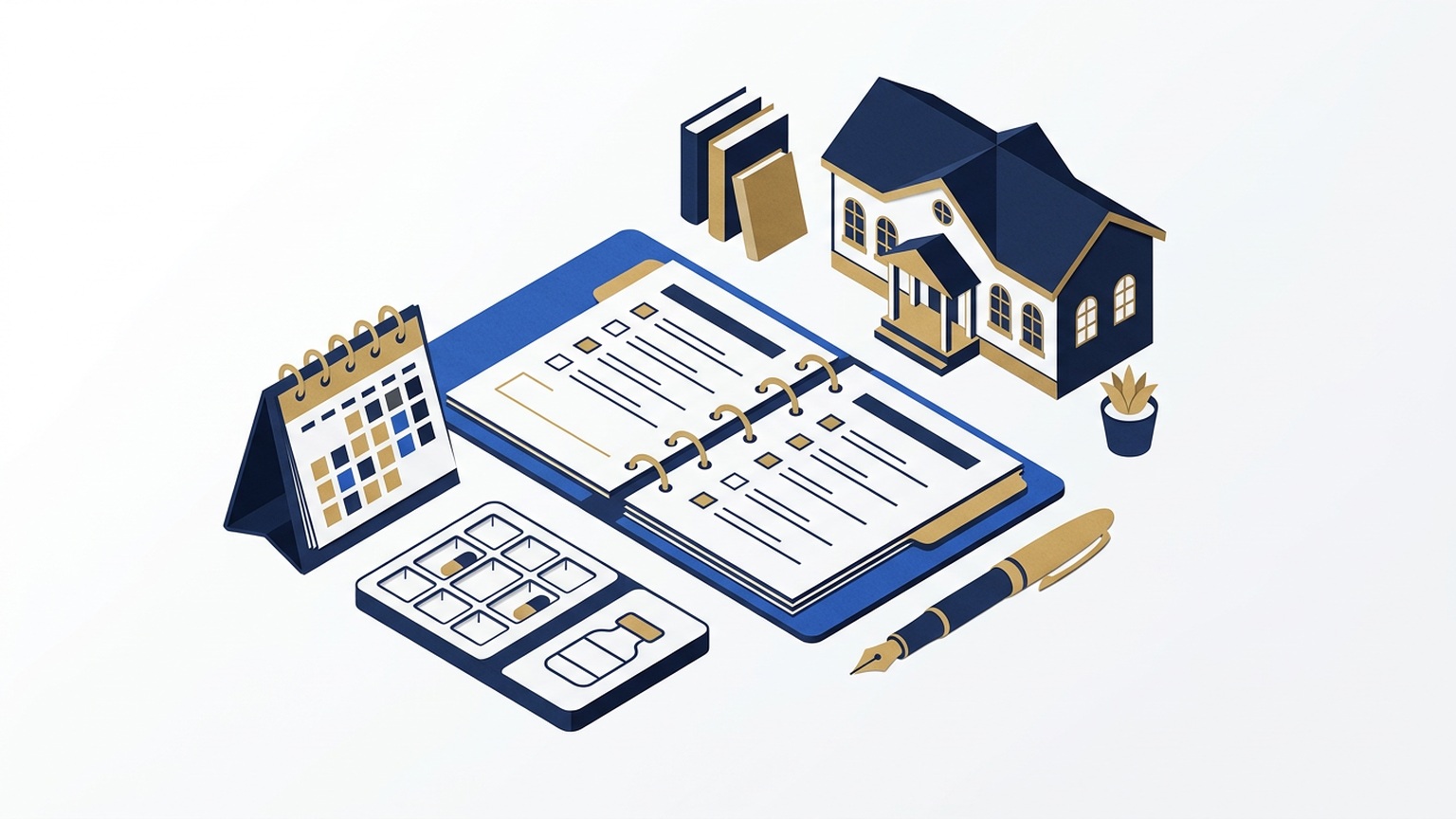 Navy and gold care plan folder beside a calendar, medication tray and miniature nursing home