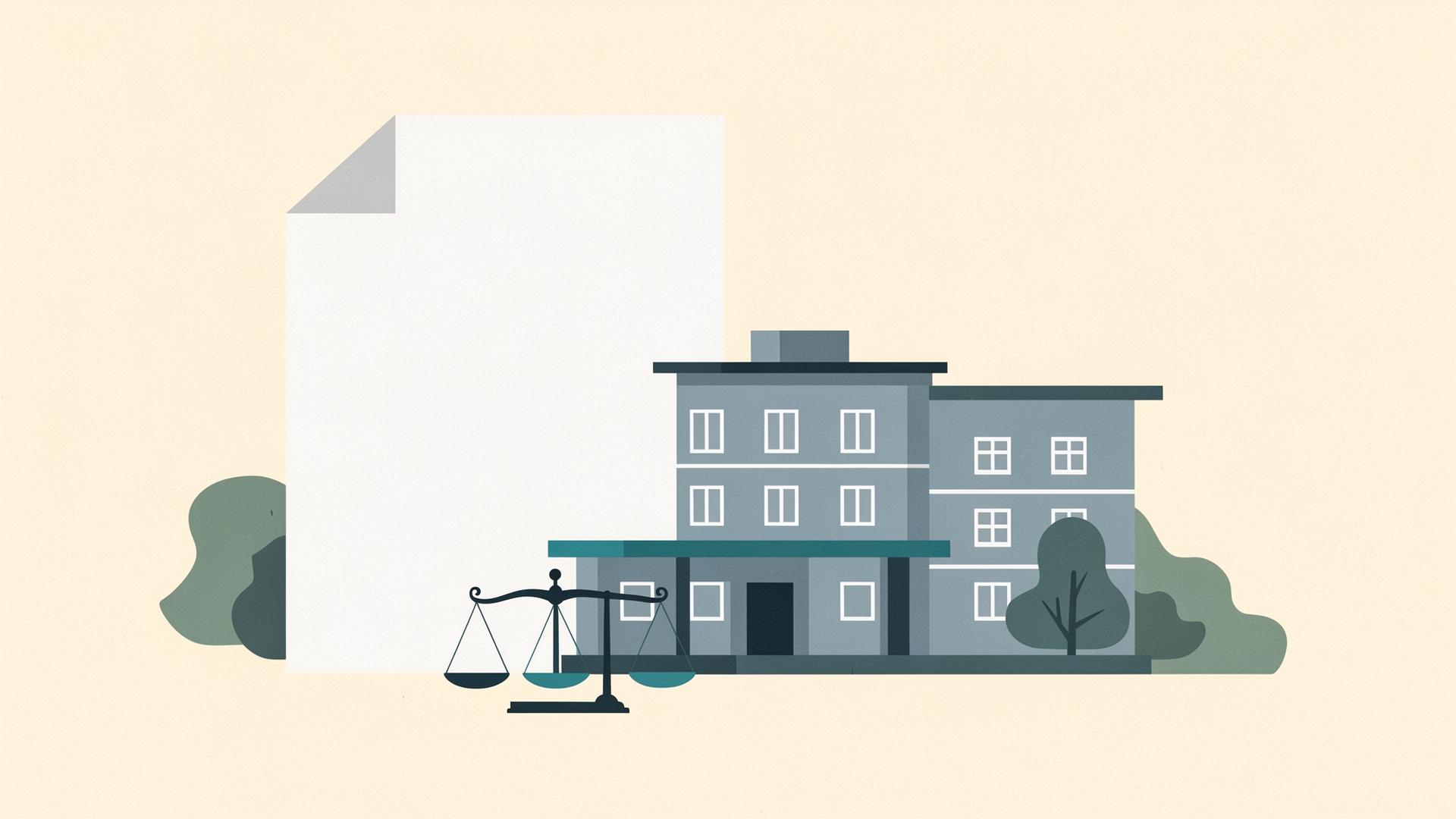 Editorial illustration of a nursing home building and a blank document with a balance scale on a soft cream background