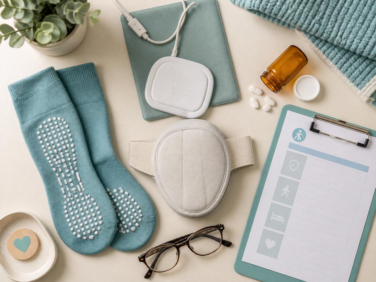 Overhead flat lay of a nursing home fall prevention kit: teal non-slip grip socks, a bed alarm sensor pad, a hip protector, a pill bottle, reading glasses and a care plan clipboard