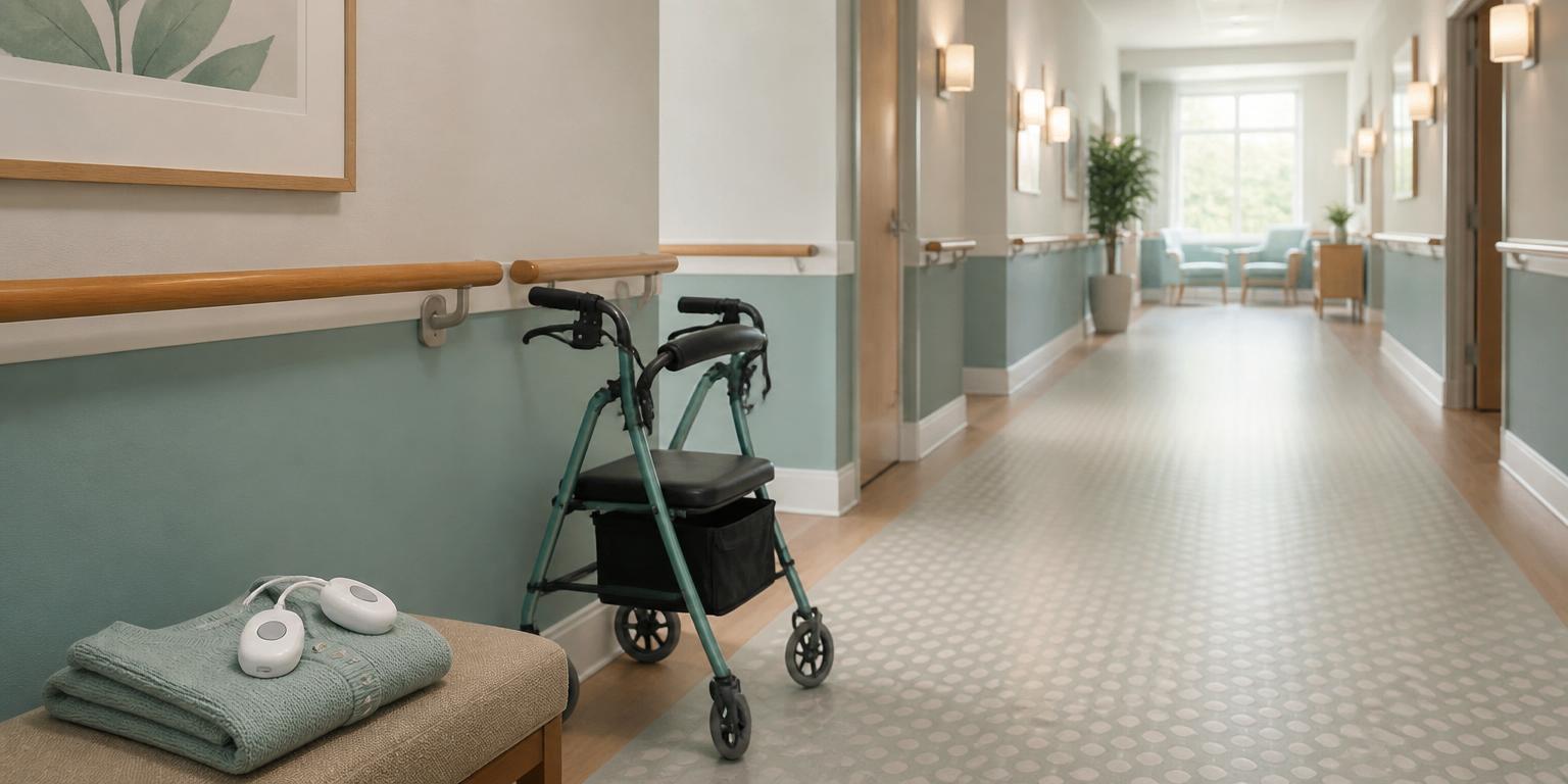 Nursing home corridor with a wooden handrail, non-slip patterned flooring, a teal rollator walker and a personal call pendant on a folded cardigan