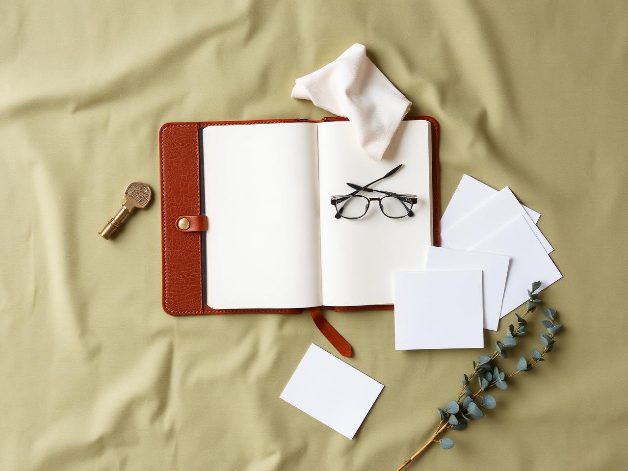 Overhead flat lay on a sage green linen surface of an open leather day-planner with blank pages, a brass house key, a folded cream handkerchief, reading glasses, three blank index cards and a sprig of eucalyptus, illustrating the planning steps to admit a relative to a nursing home