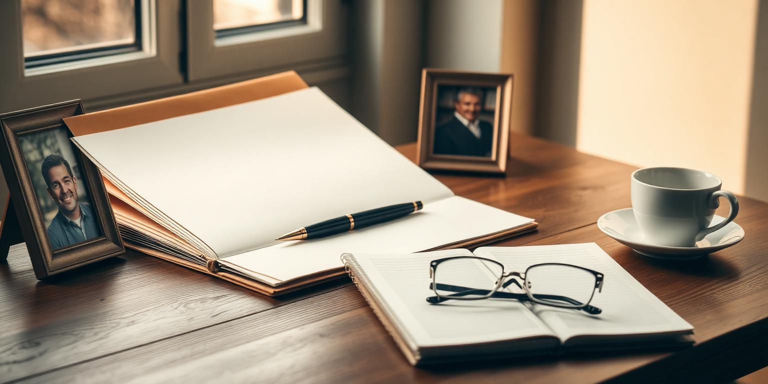 A wooden home desk in soft window light with an open manila folder of blank paper, a fountain pen, a small framed family photo, a porcelain tea cup and reading glasses on a notepad, used by an adult child planning a parent's nursing home admission