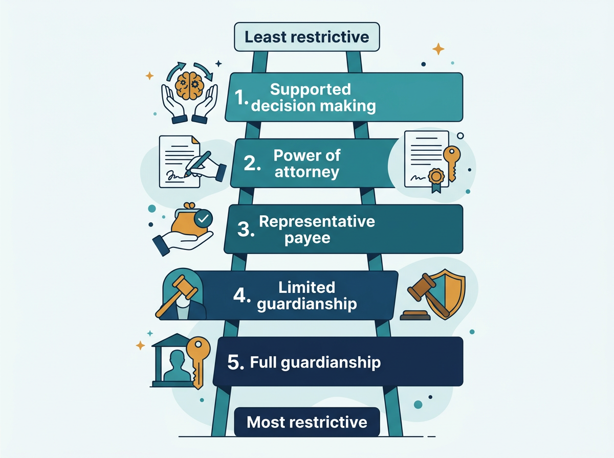 Infographic ladder from least to most restrictive showing supported decision making, power of attorney, representative payee, limited guardianship and full guardianship