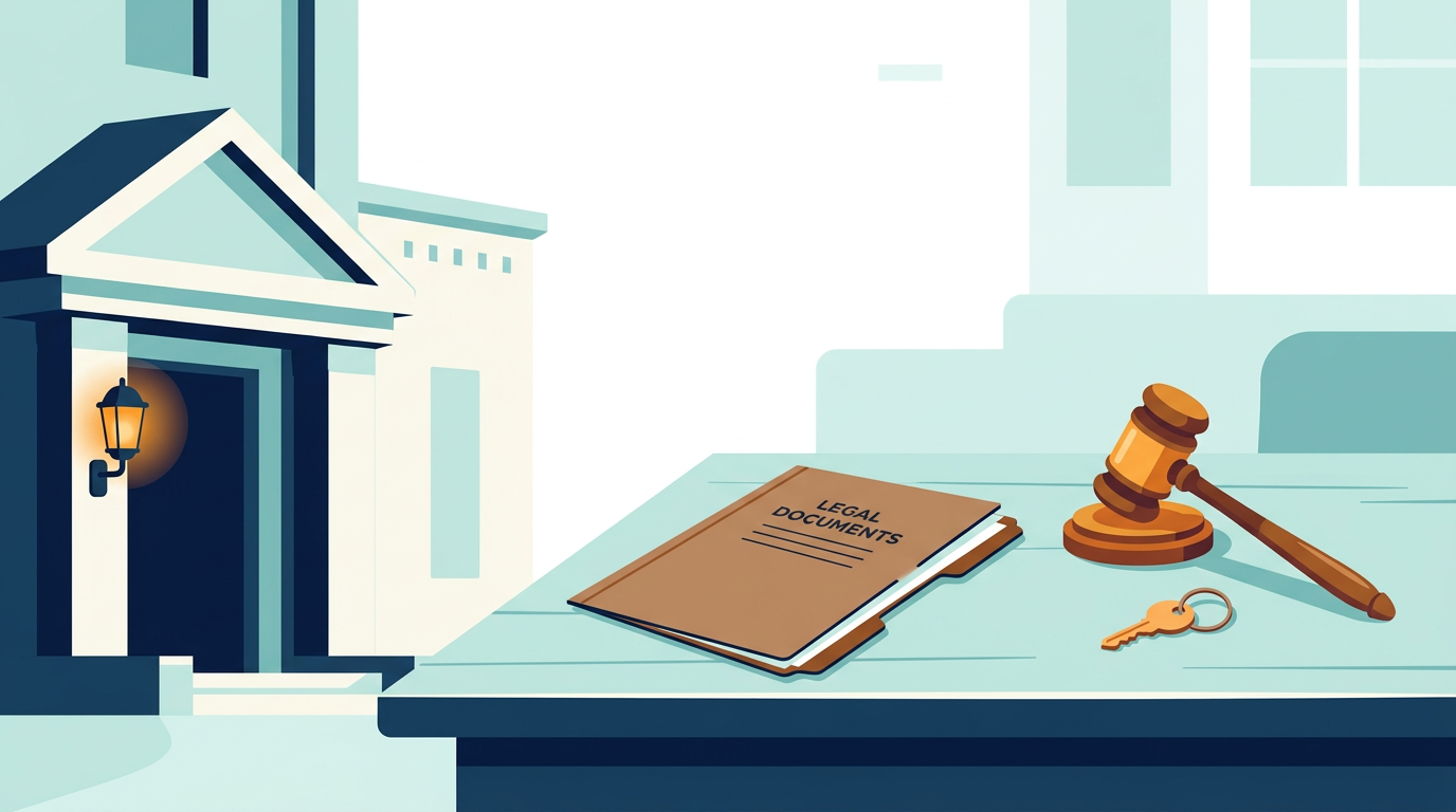 Flat illustration of a county courthouse doorway with legal documents, a gavel and a house key, representing guardianship of an elderly parent