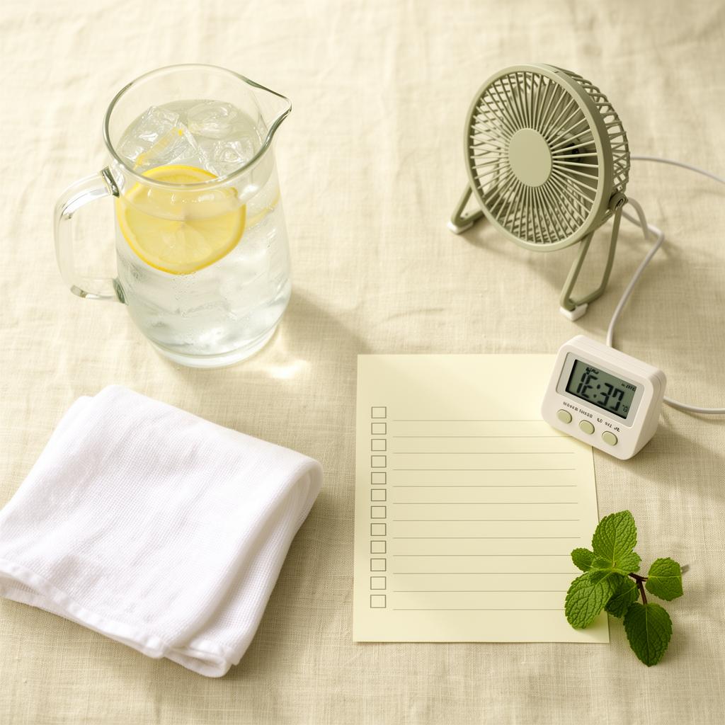 Flat lay of a glass pitcher of ice water with lemon, a folded washcloth, a small fan, a room thermometer and a blank checklist, representing a nursing home summer heat safety checklist for families