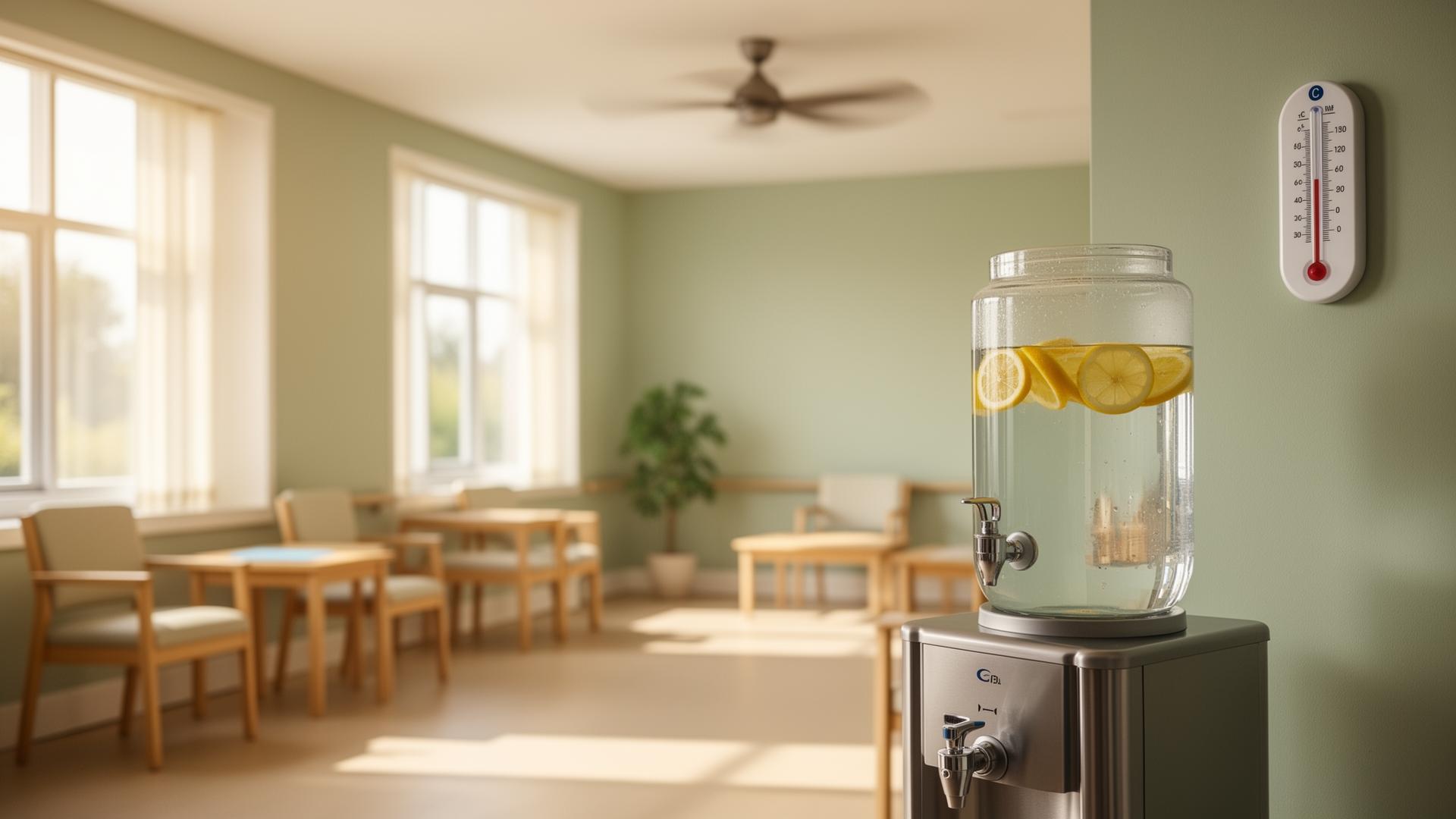 Calm sunlit nursing home common room with a cool water dispenser, ceiling fan and wall thermometer, illustrating summer heat safety in long-term care