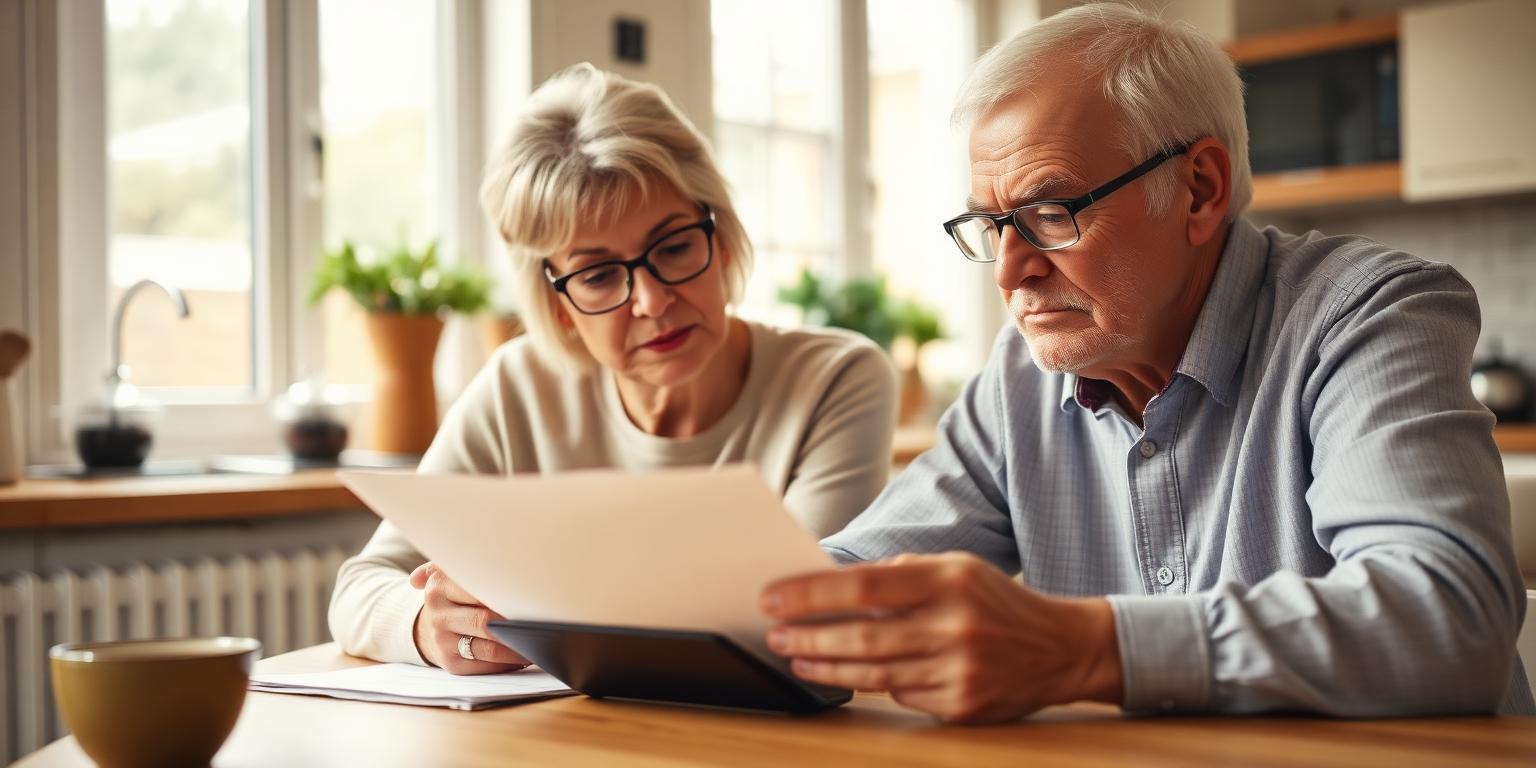 An older couple at a kitchen table reviewing nursing home paperwork together with a calculator and tablet
