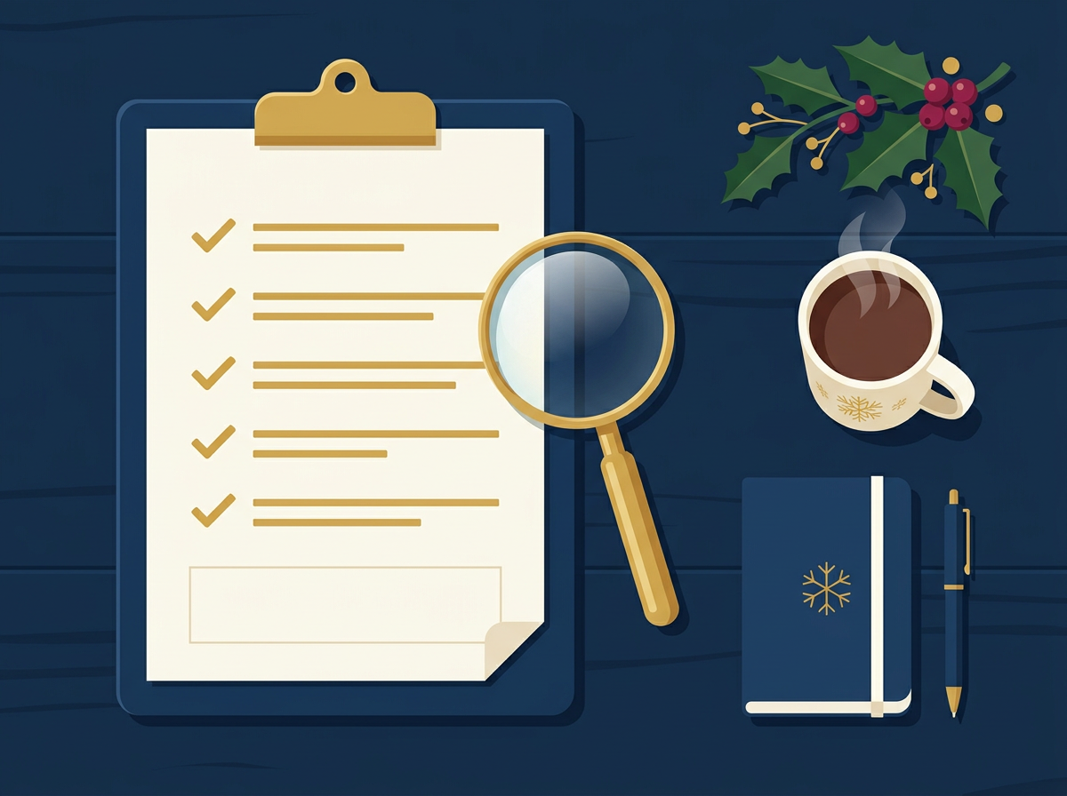 Holiday visit checklist clipboard with gold tick marks, magnifying glass, notebook and coffee on a navy desk