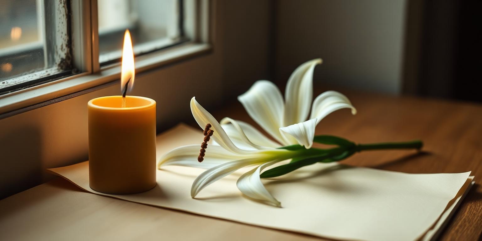 Lit beeswax candle and a single white lily on warm cream paper, representing hospice and end-of-life care compared with a nursing home stay
