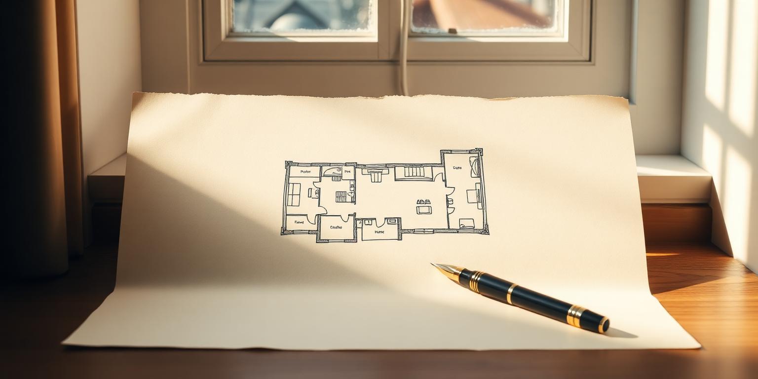 Hand-drawn floor plan of an aged care home beside a fountain pen, symbolising shortlisting and choosing a residential aged care home in Australia