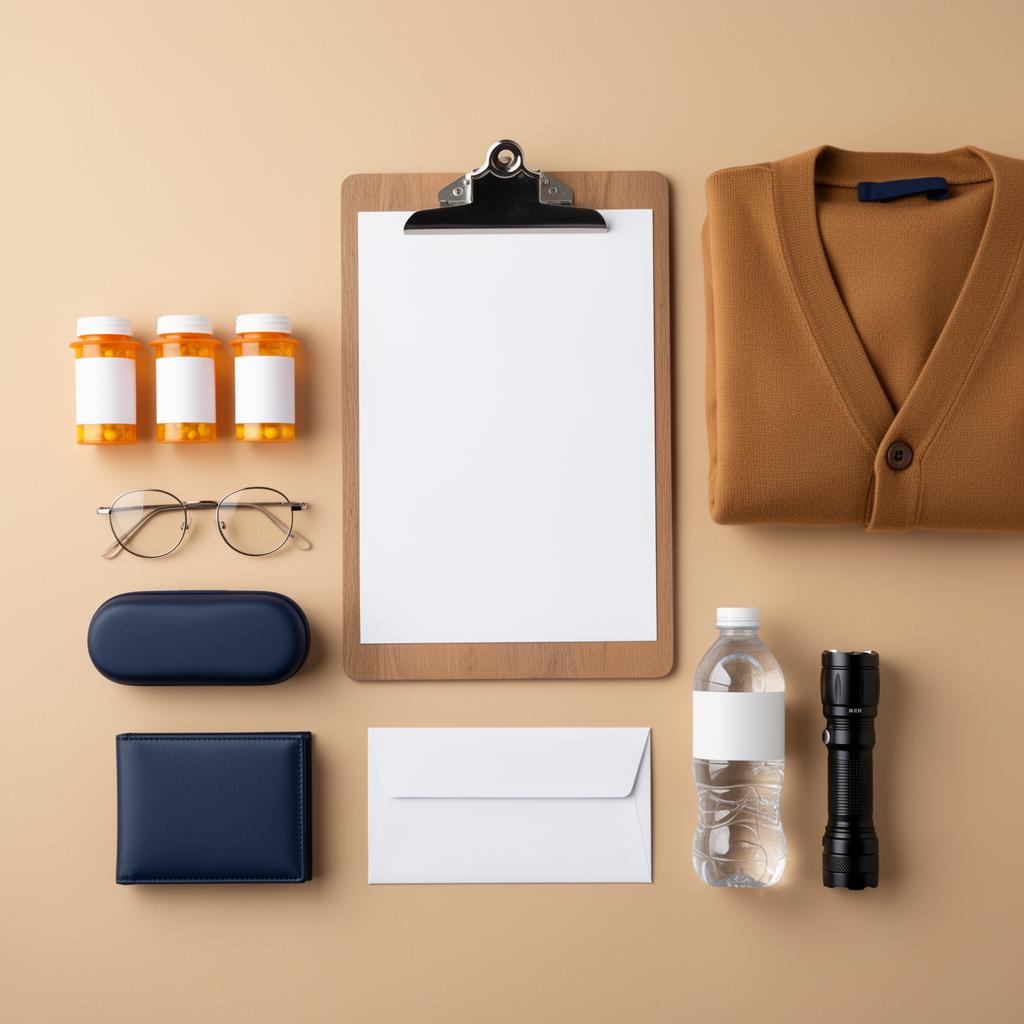 Flat lay of a nursing home resident go-bag with prescription bottles, blank medication list on a clipboard, cardigan, eyeglasses, wallet, water bottle and flashlight