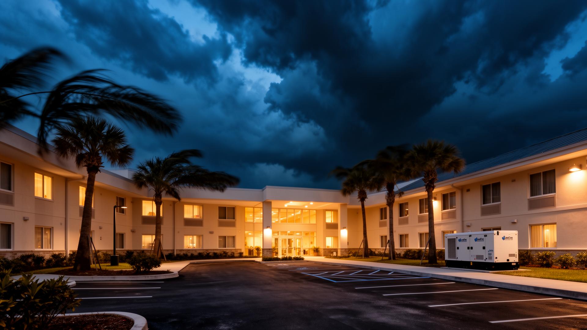 Gulf Coast nursing home at dusk under storm clouds with backup generator and windswept palms, illustrating hurricane evacuation planning