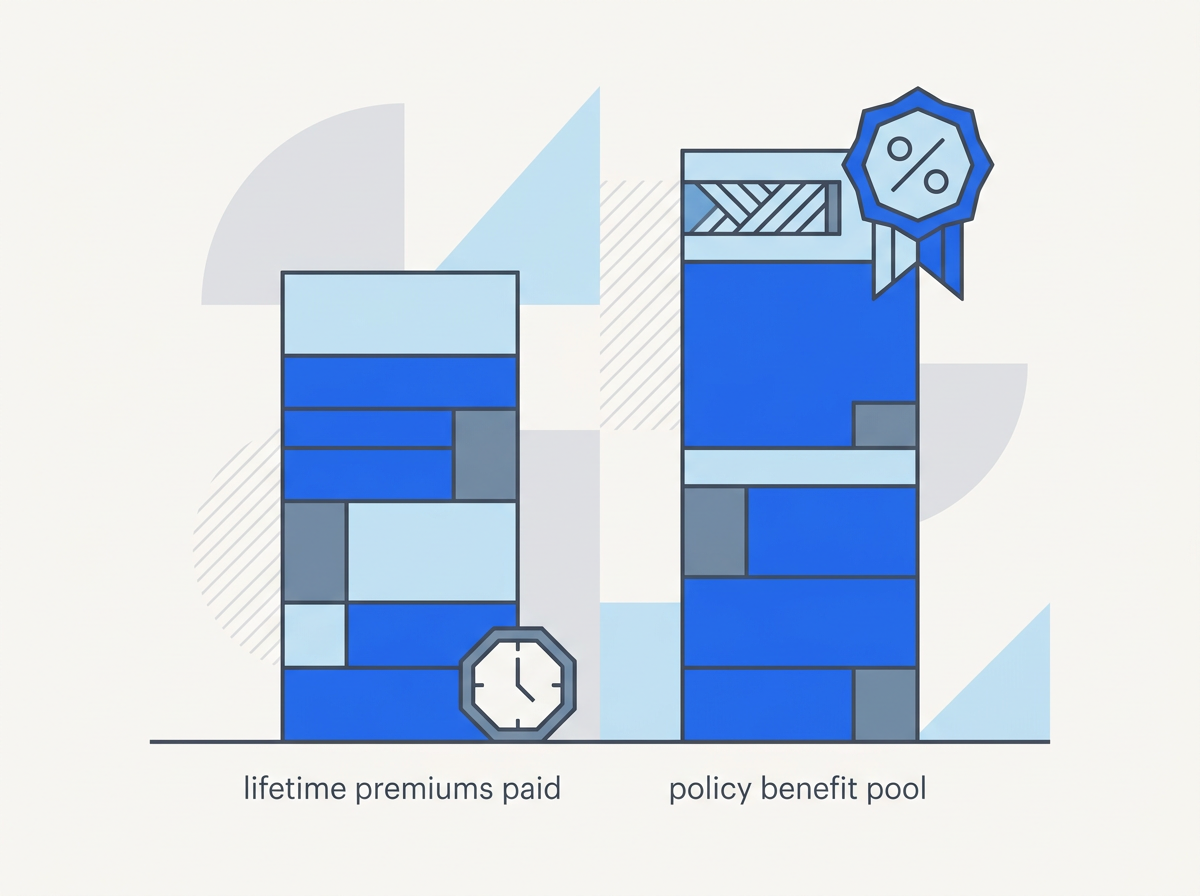 Infographic comparing lifetime long-term care insurance premiums paid against the total policy benefit pool, with a waiting period clock and an inflation protection badge