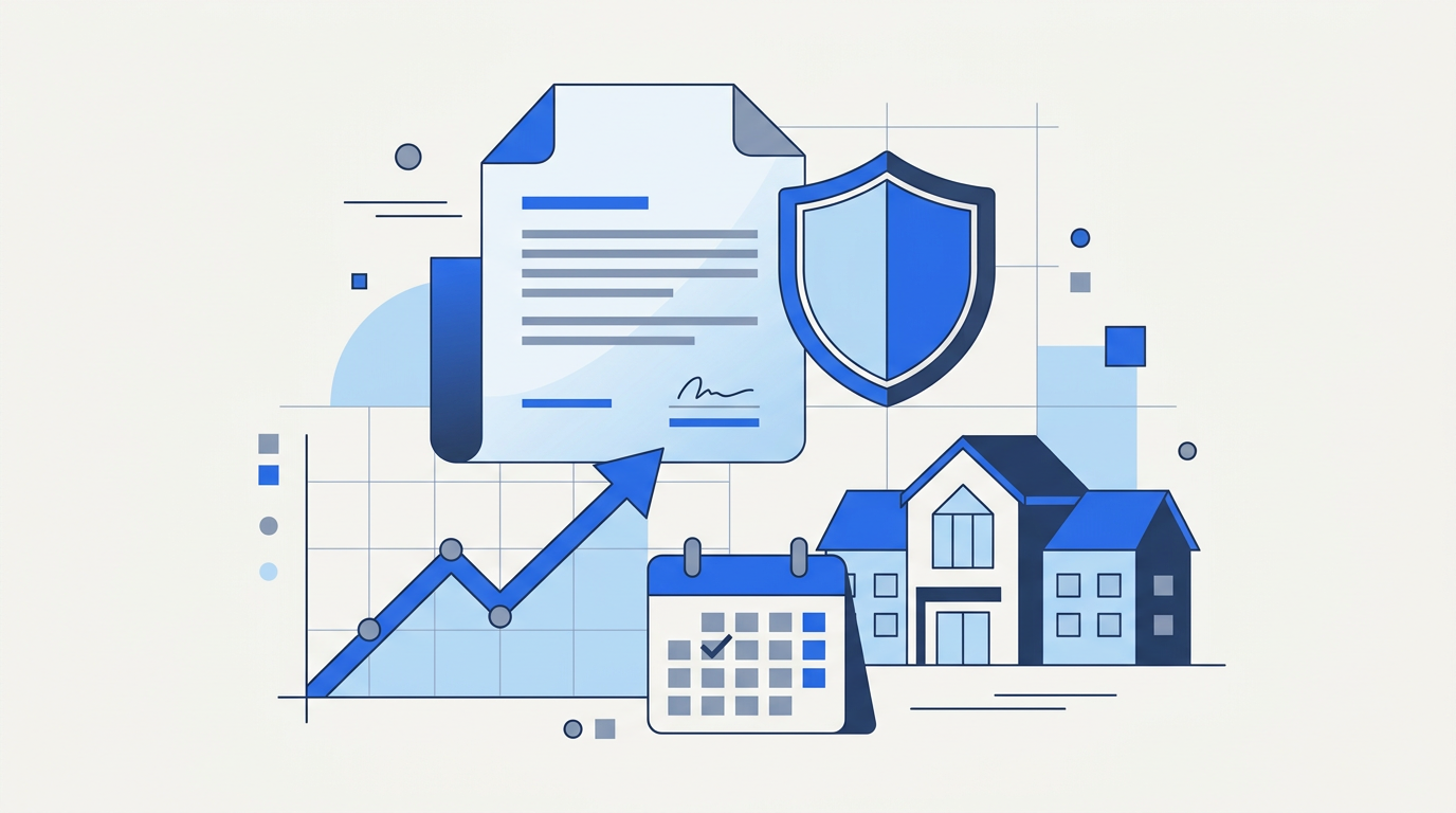 Flat illustration of a long-term care insurance policy with a shield, a rising cost chart and a nursing home building, representing whether long-term care insurance is worth it