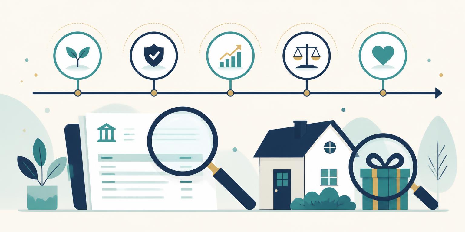 Flat illustration of a five year timeline with a magnifying glass reviewing bank statements, a house and a gift, representing the Medicaid look-back period for nursing home care