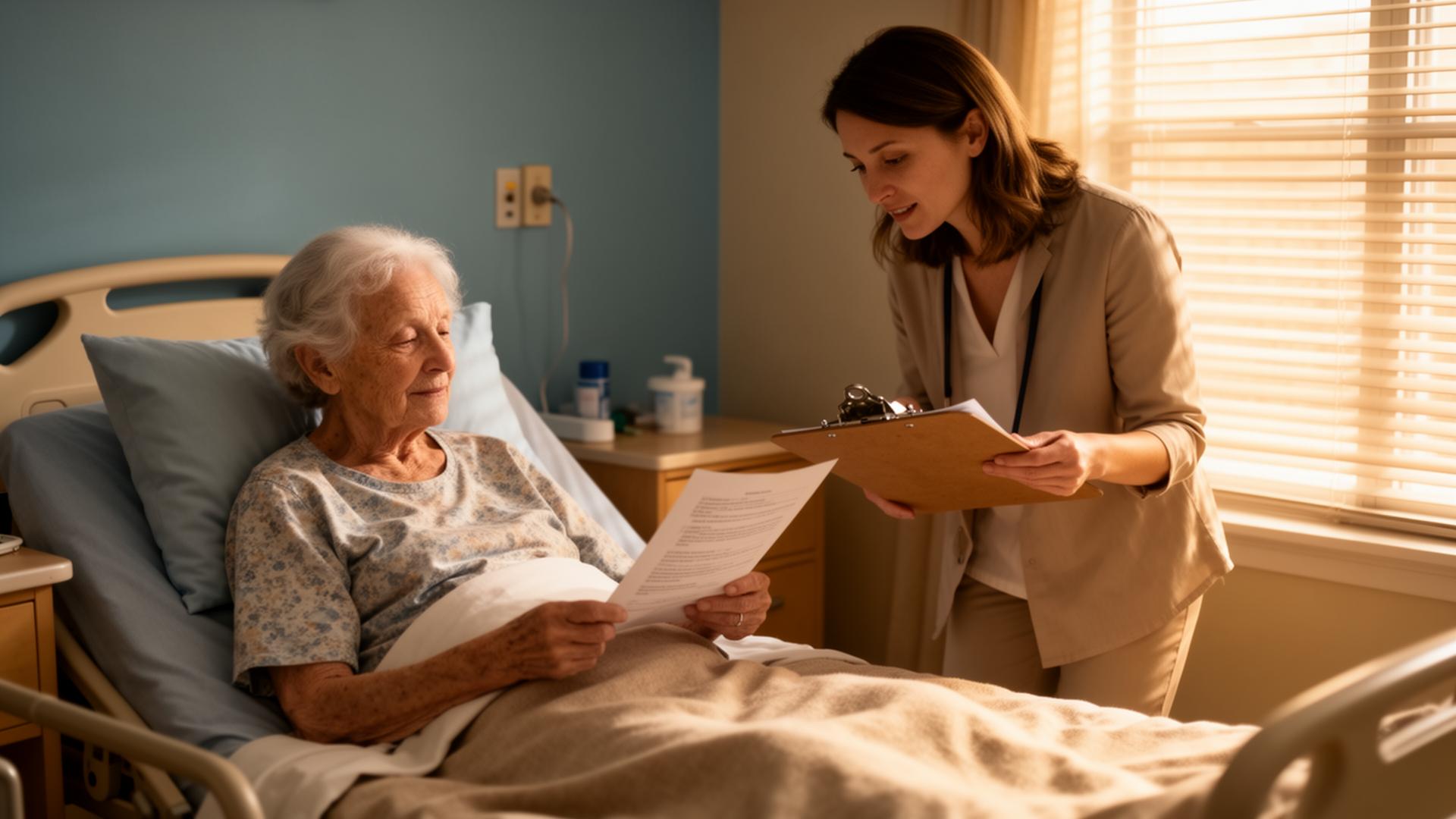 An adult daughter standing at her mother's bedside in a skilled nursing facility room, reviewing discharge paperwork together in warm afternoon light