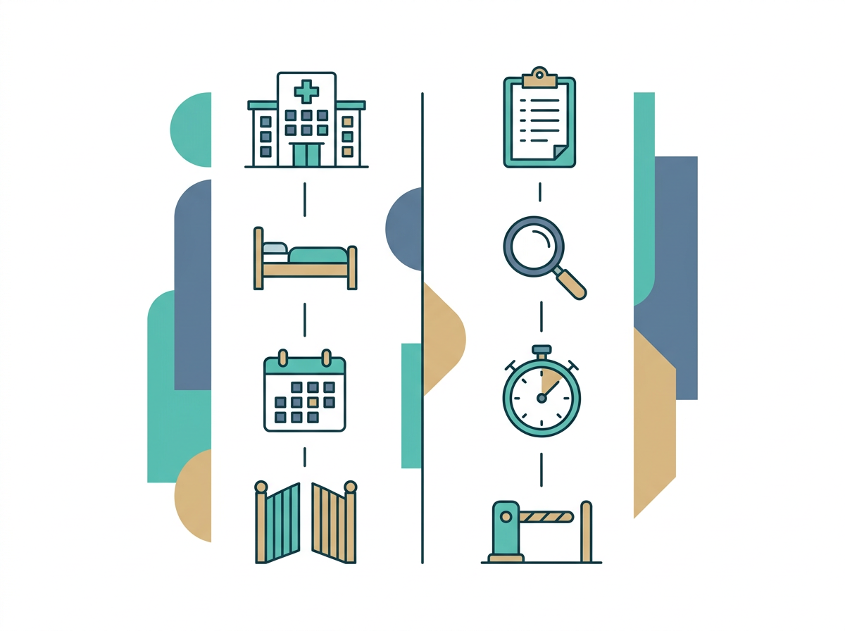 Icon infographic comparing an Original Medicare skilled nursing pathway with a Medicare Advantage pathway gated by prior authorisation review