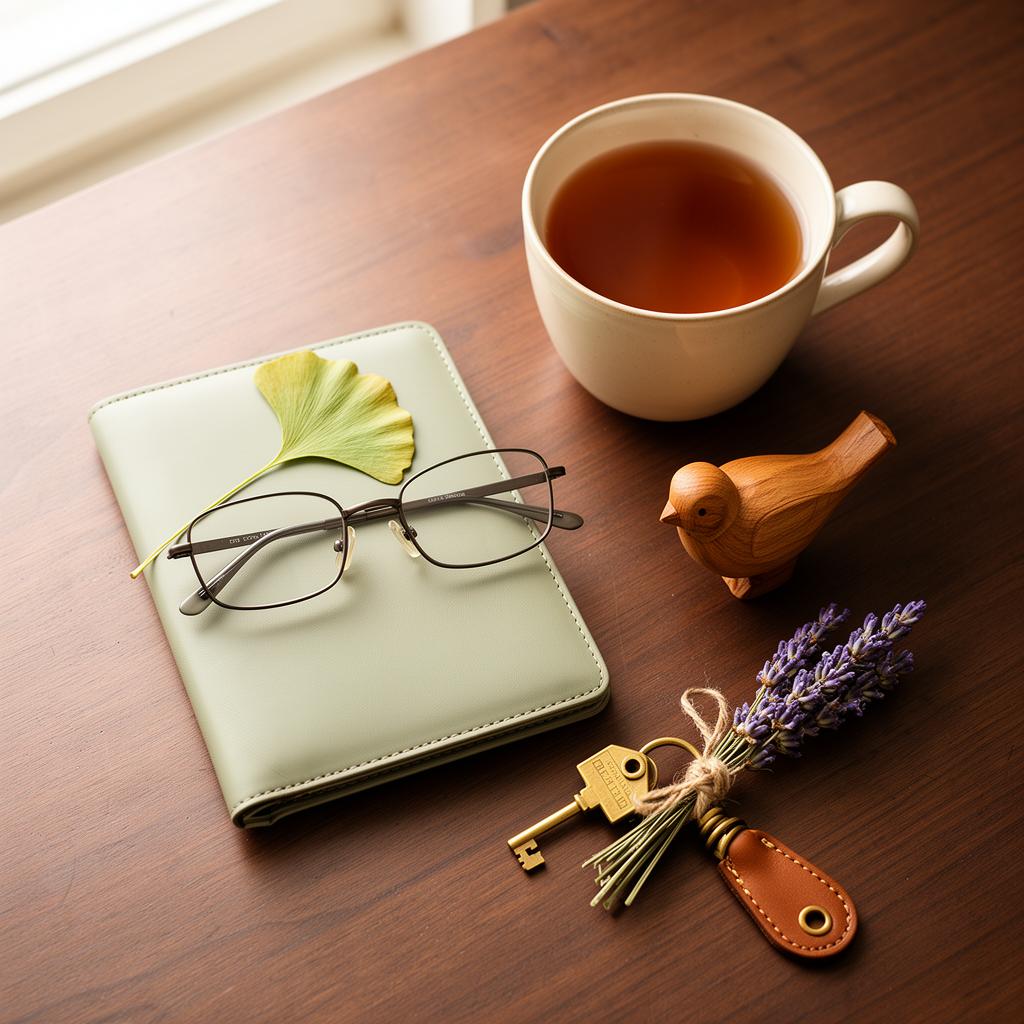 An overhead flat-lay of a desk with reading glasses on a leather notebook, a pressed gingko leaf, a ceramic mug of tea, a wooden bird figurine and a brass house key