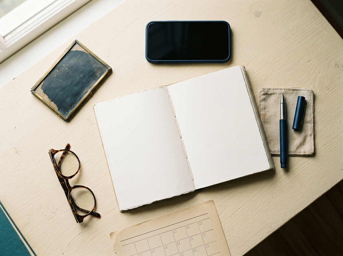 Overhead view of a notebook, pen, reading glasses, framed photo and phone on a warm cream desk, used by a family documenting concerns about a parent in a nursing home
