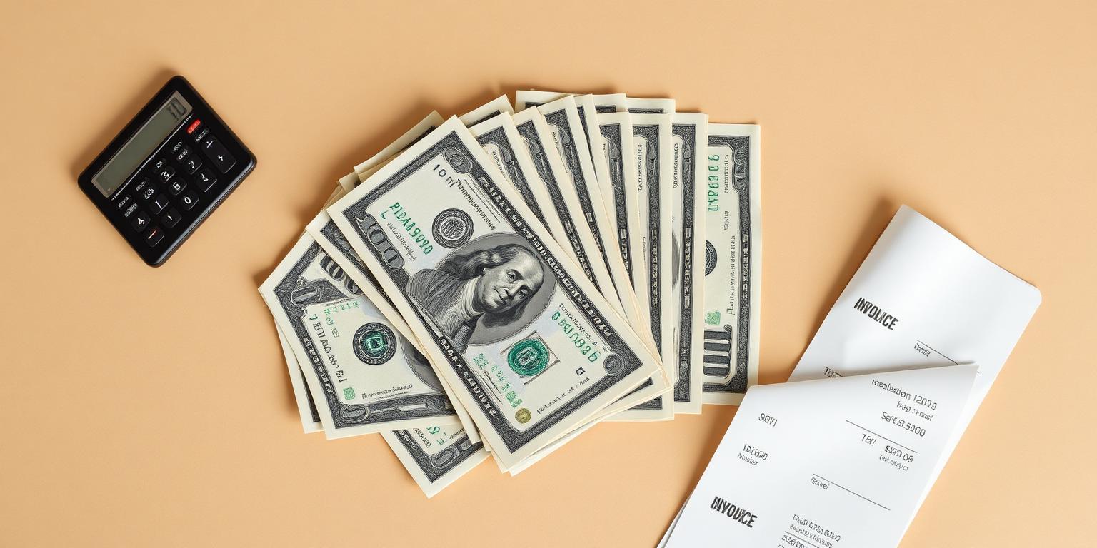 Fanned US dollar bills beside a calculator and a folded medical invoice, representing the median monthly cost of a nursing home in the United States