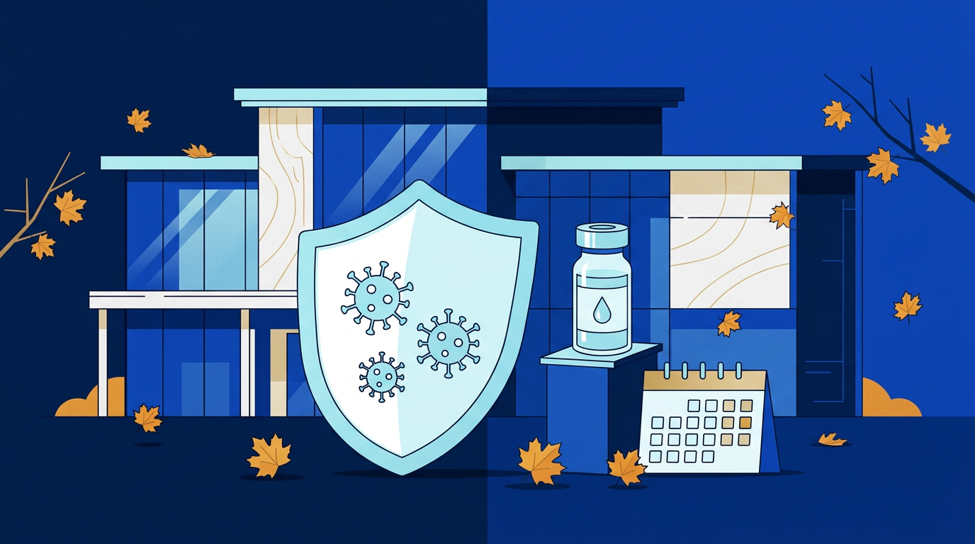 Flu vaccine for seniors protection plan outside a nursing home in autumn