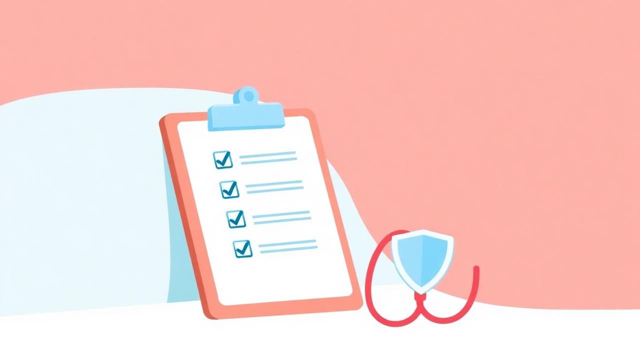 Flat illustration of a clipboard checklist with checkmarks next to a shield and a stethoscope