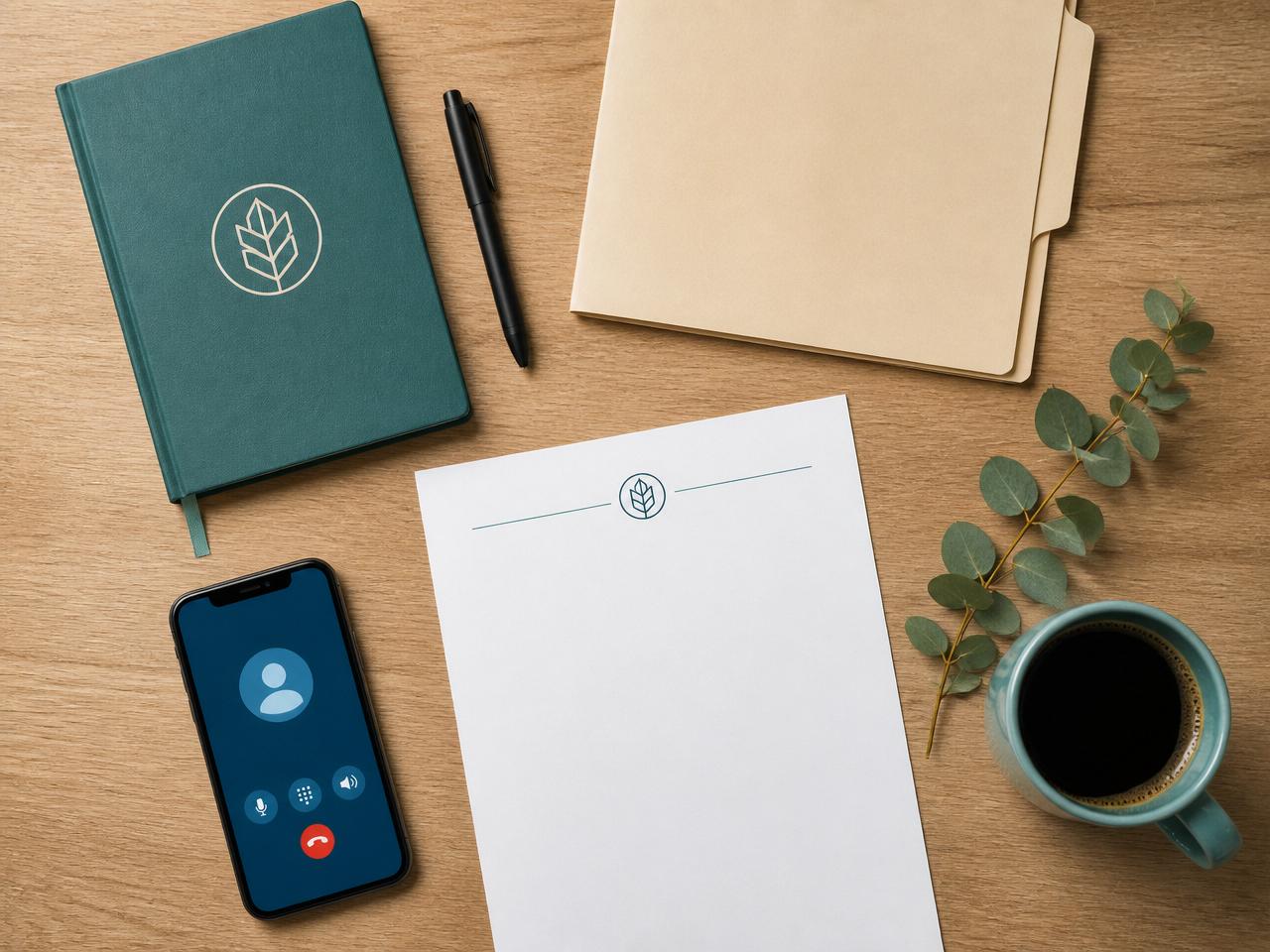 Overhead flat lay of a teal notebook, a folded manila folder, a smartphone showing an active call and a printed letter on a light wood desk