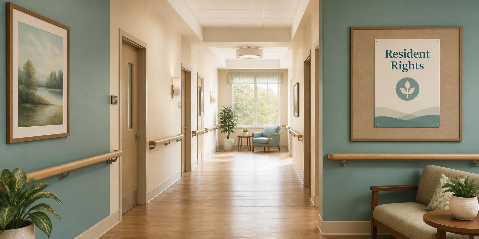 Sunlit empty nursing home hallway with a teal accent wall, wooden handrail and a Resident Rights bulletin board