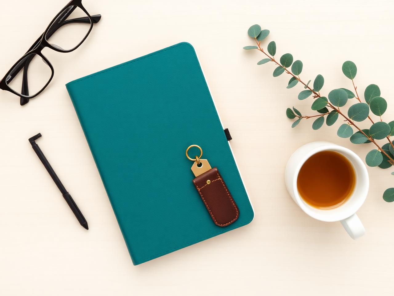 Overhead flat lay of a teal planning notebook, reading glasses, a single house key on a leather fob, a cup of tea and a sprig of eucalyptus on a light wood desk