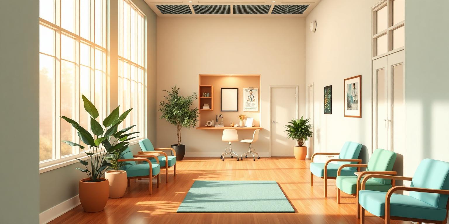 Sunlit empty PACE day center common room with teal lounge chairs, indoor plants and a small clinical exam alcove in the background