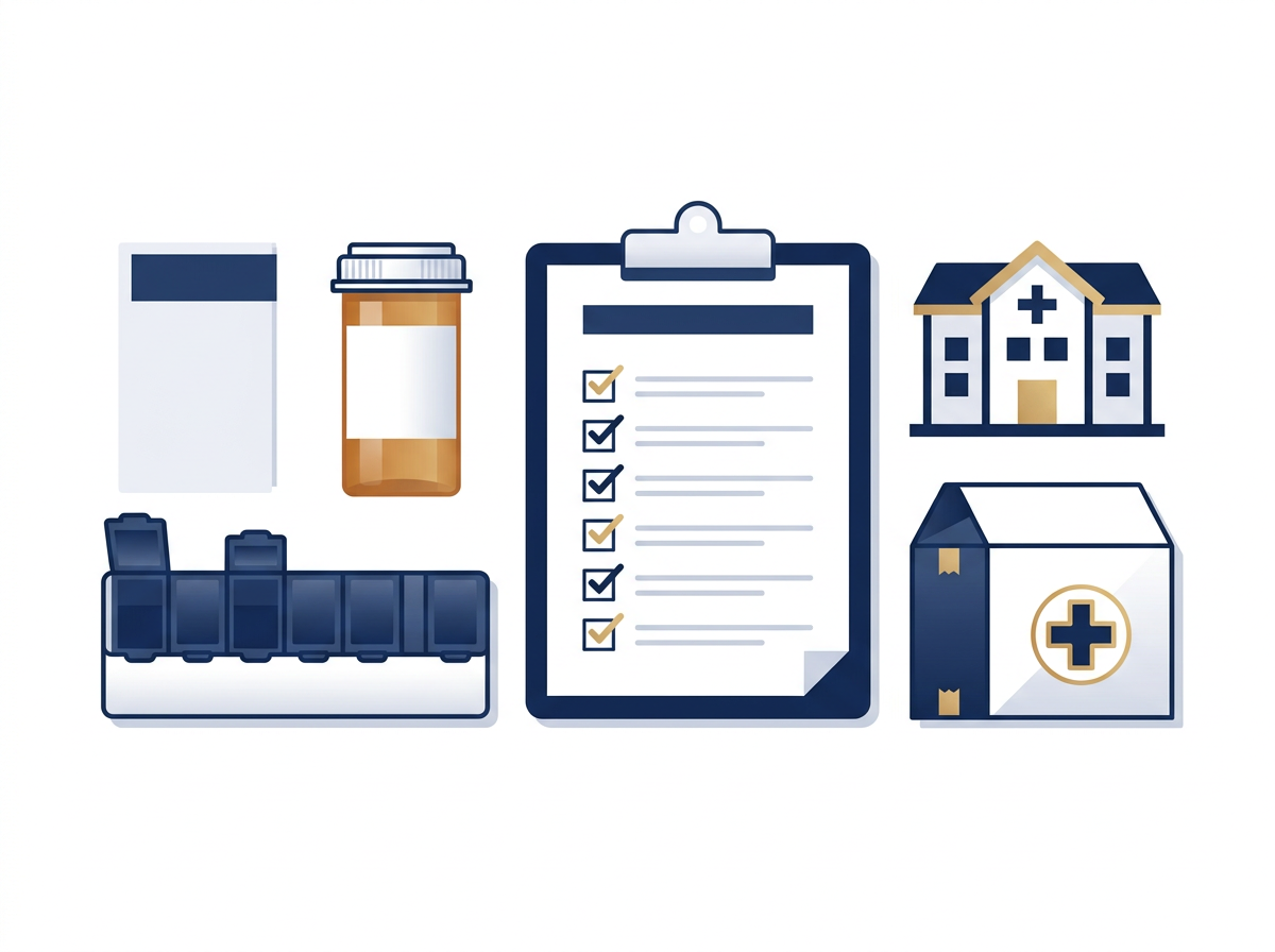 Checklist for reviewing a Medicare Part D plan for a nursing home resident, with pill organizer, prescription bottle and long term care pharmacy delivery box