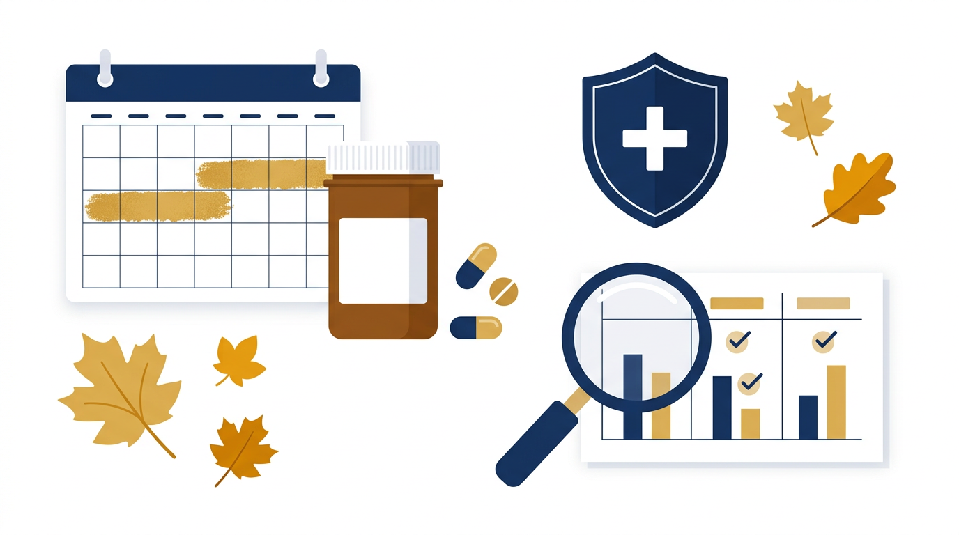 Medicare Part D for nursing home residents illustration with an autumn enrollment calendar, prescription bottle and plan comparison chart
