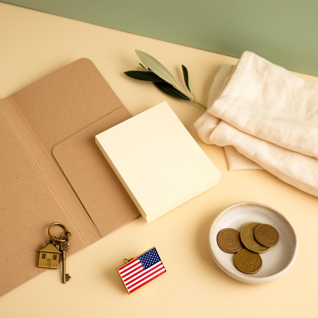 Overhead flat lay of a manila folder with blank index cards, a small brass house key, an American flag lapel pin, a folded cream napkin and a ceramic dish of brass coins on a warm desk against a sage green wall