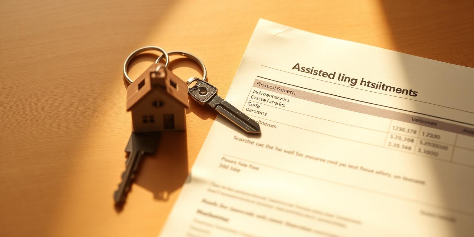 House-shaped keychain resting on a folded assisted living financial statement, representing six ways US families pay for assisted living