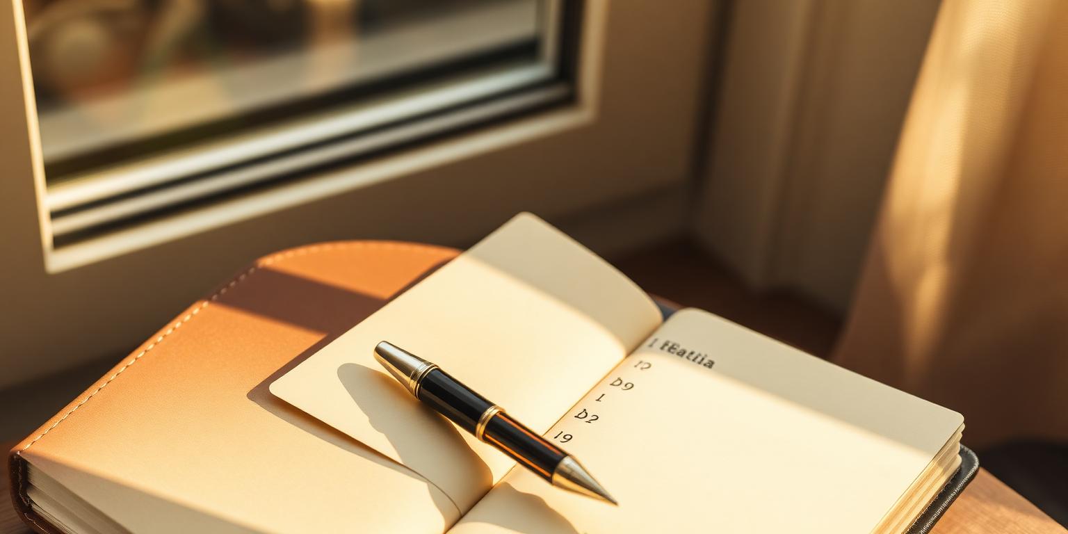 Open leather notebook with handwritten numbered questions and a fountain pen, representing questions to ask when touring a nursing home