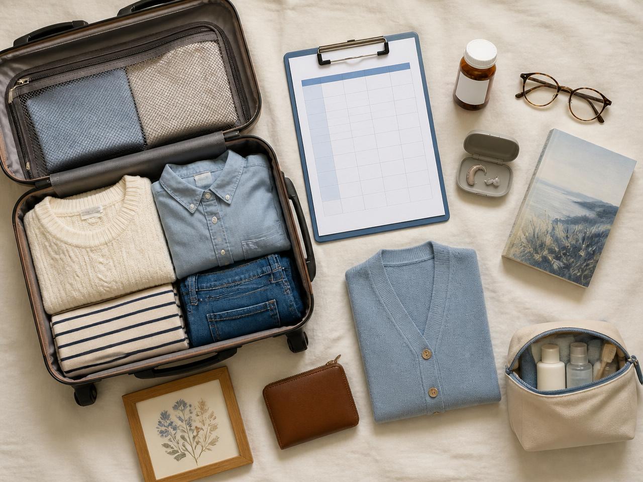 Flat lay of a respite stay packing list: open suitcase with folded clothes, blank medication schedule on a clipboard, prescription bottle, eyeglasses, hearing aid case and a toiletry pouch
