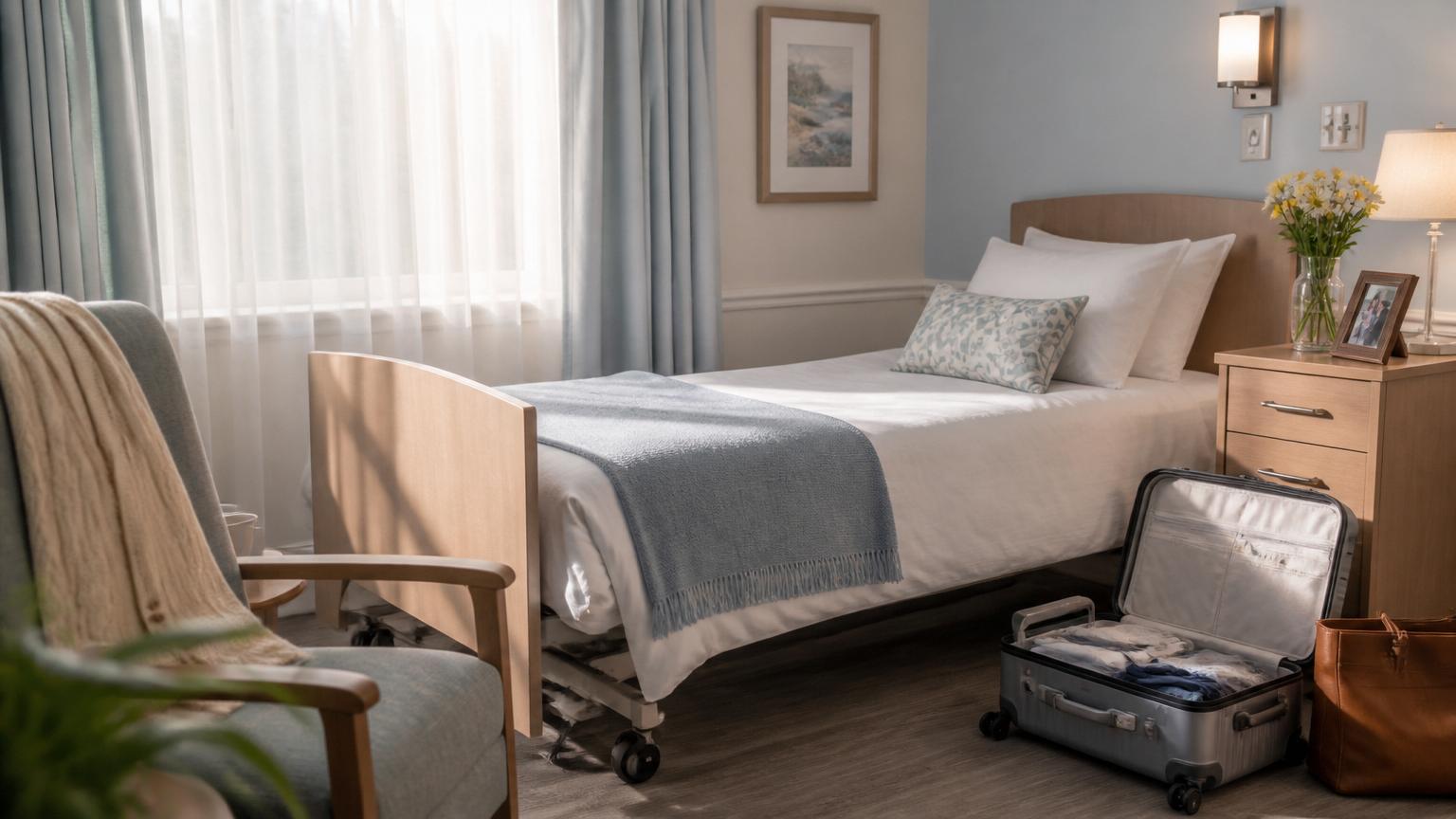 Sunlit private nursing home room prepared for a short-term respite stay with a freshly made single bed, open suitcase and folded blue throw