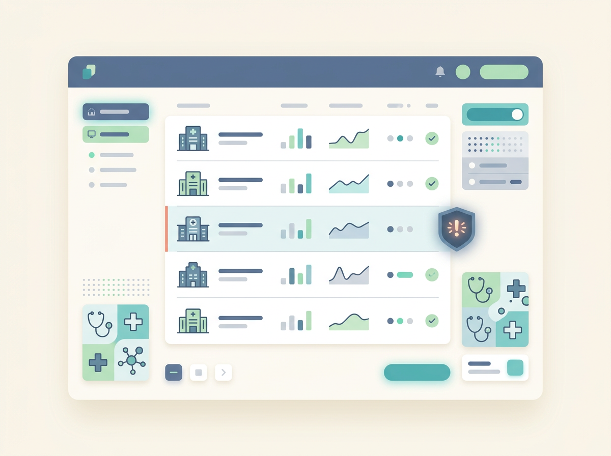 Stylized dashboard illustration showing a list of nursing home rows with one row flagged by a small warning shield