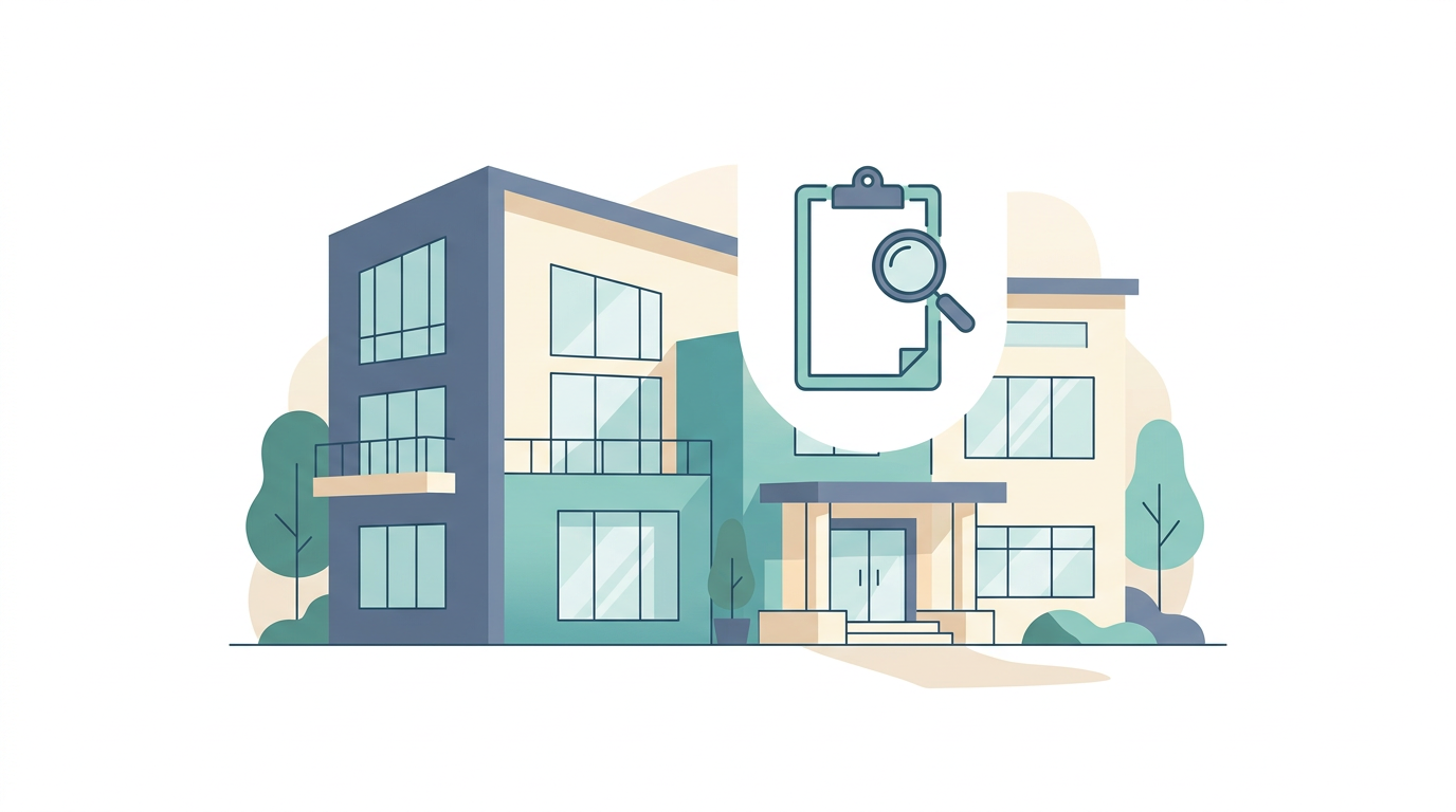 Editorial illustration of a nursing home building and an inspection clipboard with magnifying glass on a soft slate blue and cream background