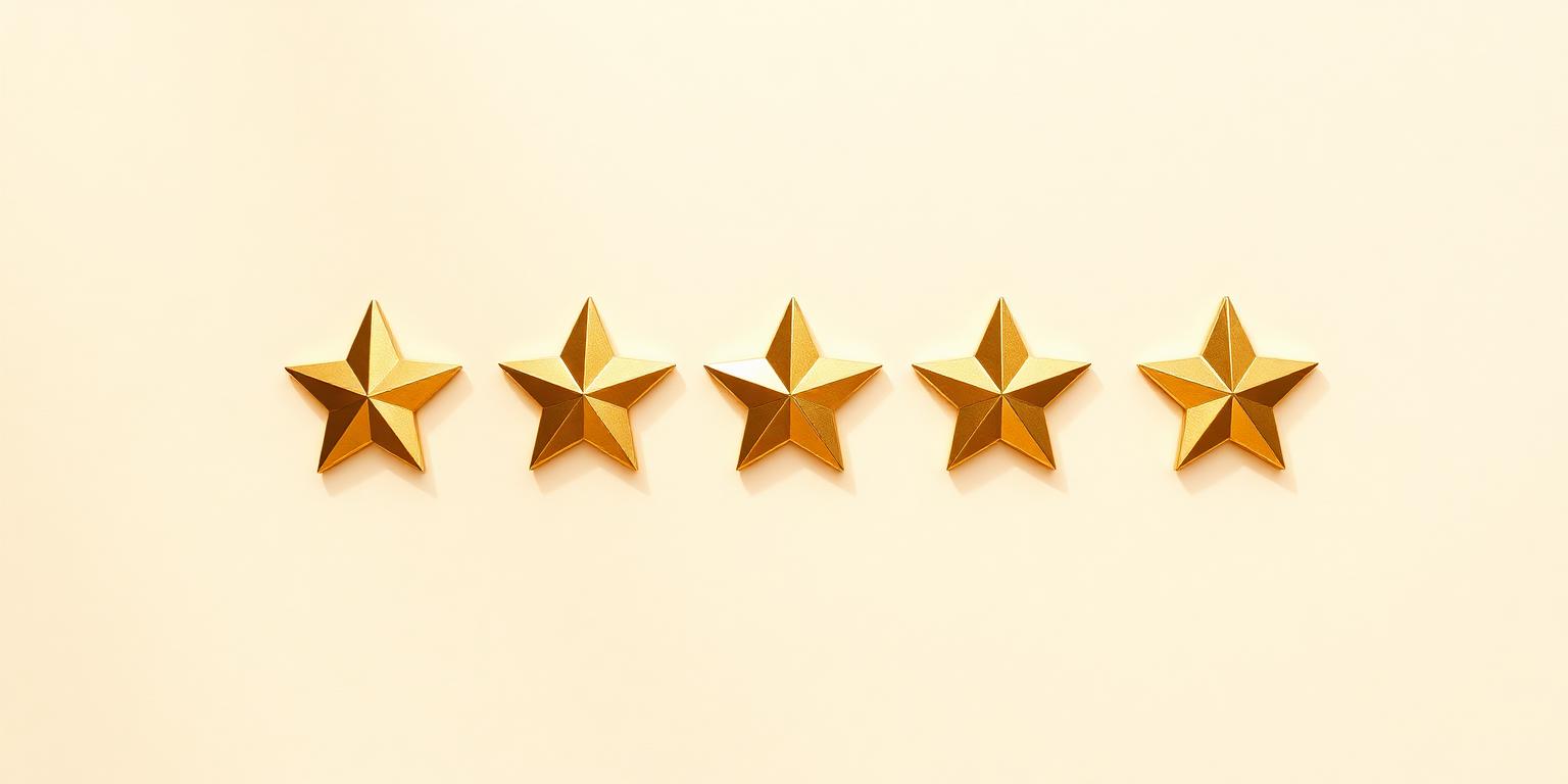Five gold stars in a row on cream paper representing the CMS Five-Star Quality Rating and Australian aged care Star Ratings