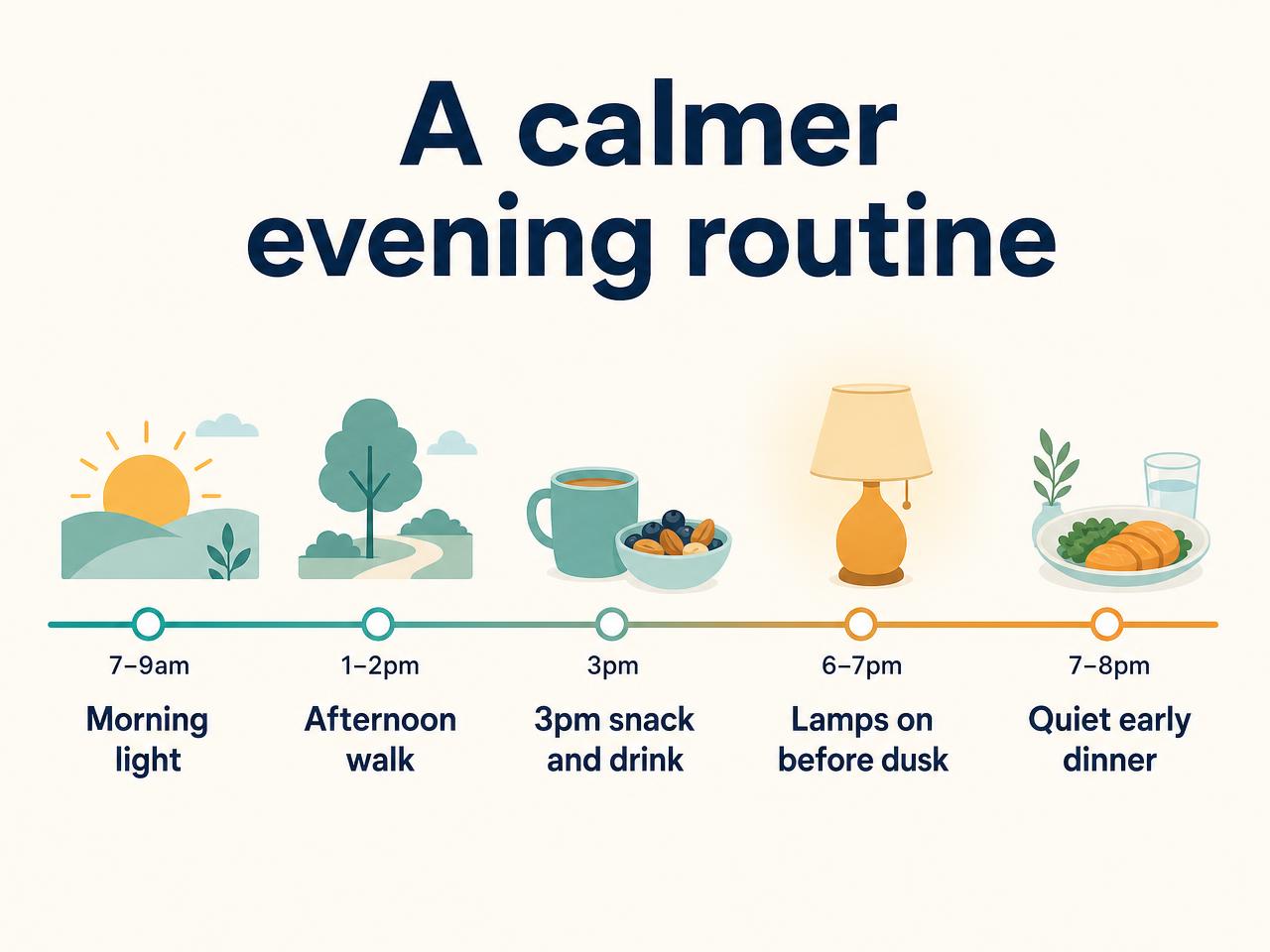 Flat infographic of a daily timeline showing light, hydration, walking, lamp and bedtime cues used to reduce sundowning in nursing homes